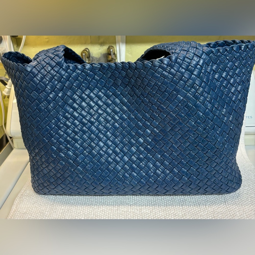 Flair Blue Woven Leather Tote Bag